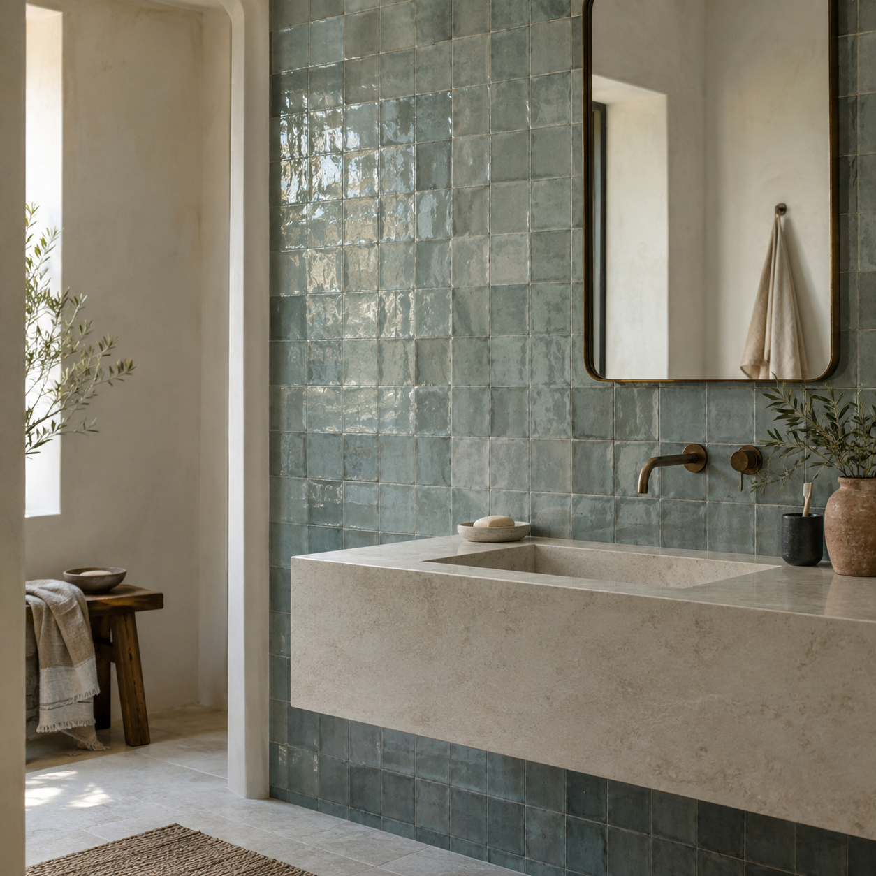 Conceptual bathroom with pale blue-green handmade zellige, a stone basin, and reflected daylight