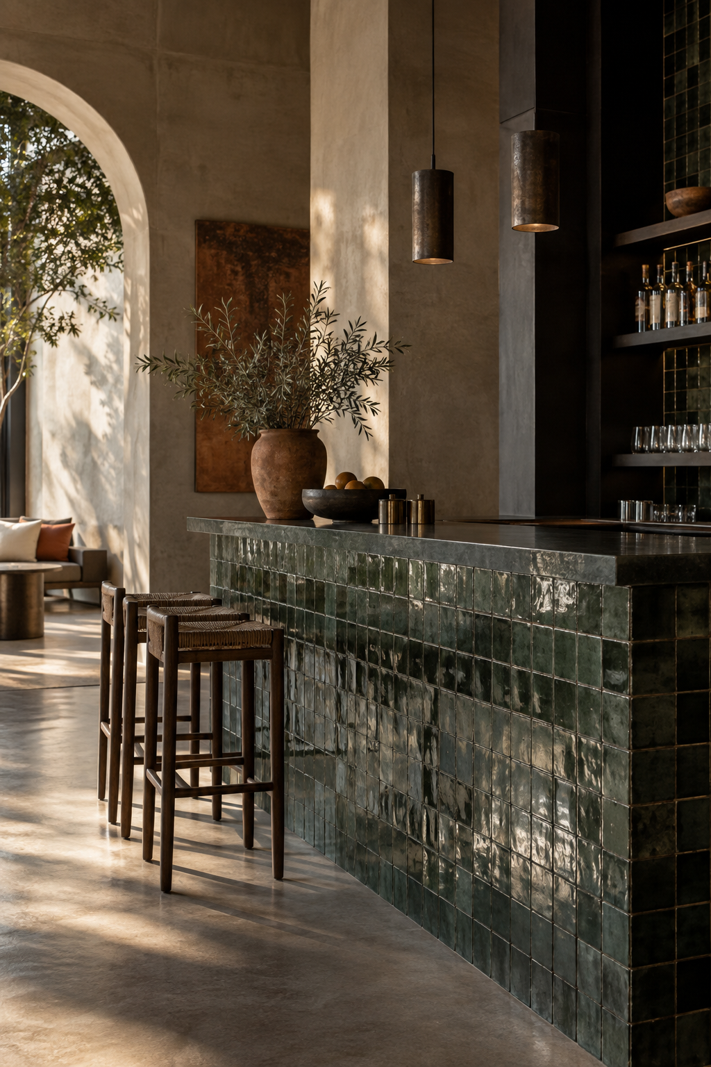 Conceptual hospitality bar wrapped in deep green handmade zellige beneath warm pendant lights